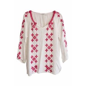 JohnPaulRichard Pink & White Embroidered Boho Gauze Top – Size Large